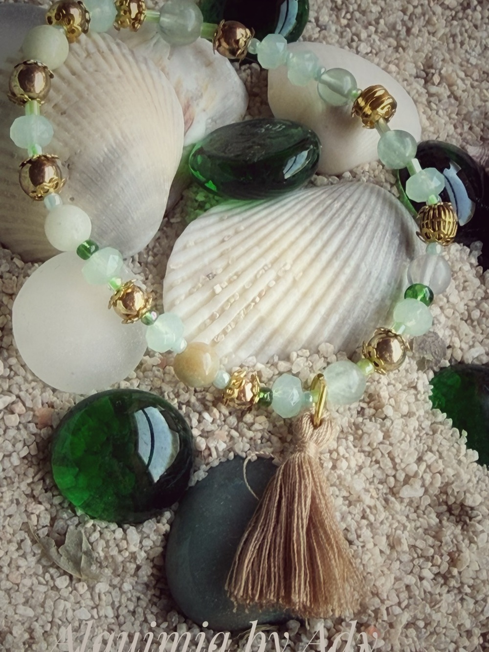 Green pastel fluorite Bead Bracelet with Gold Accents and Beige Tassel